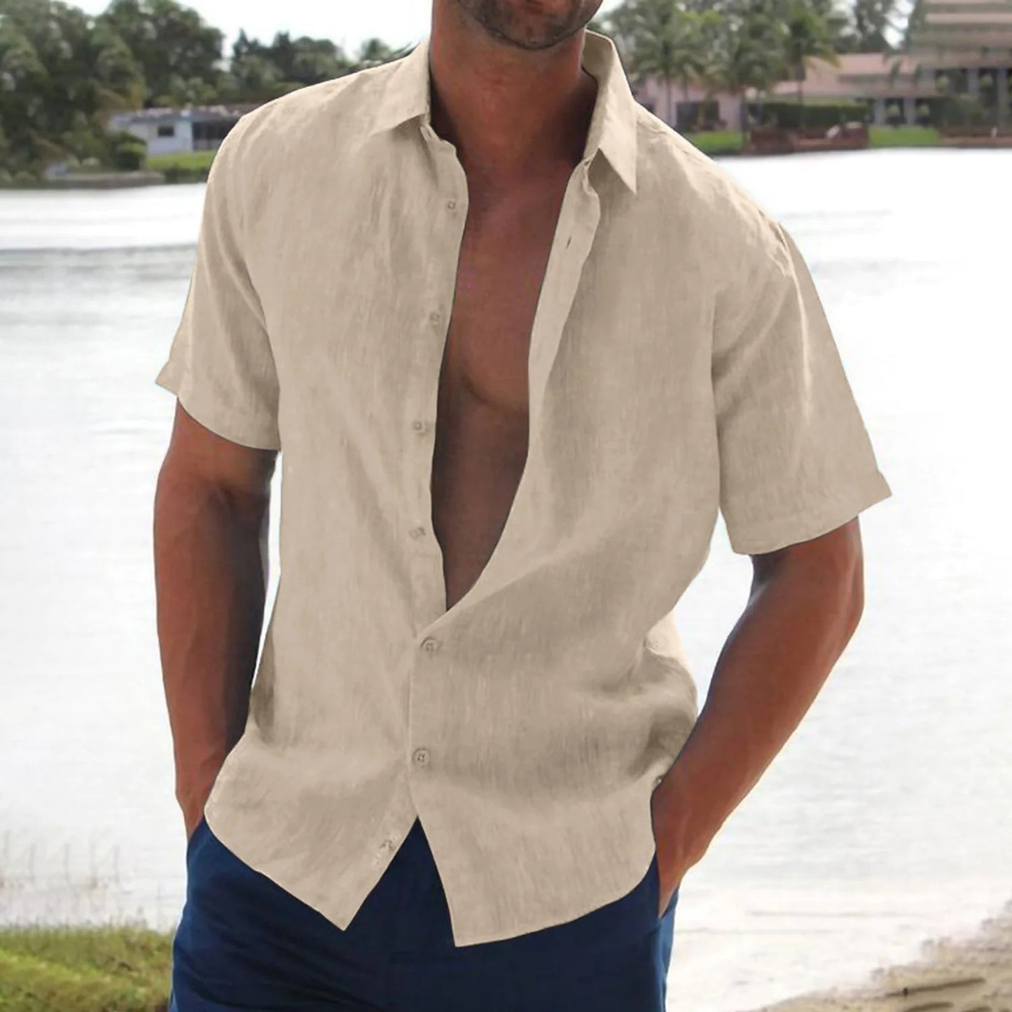 Men's Lapel Solid Color Short Sleeved Shirt - Sophinity
