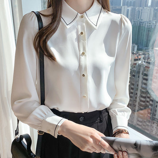 Spring And Autumn White Chiffon Long Sleeve Design Sense Niche Inner Bottoming Top Formal Shirt For Women - Sophinity