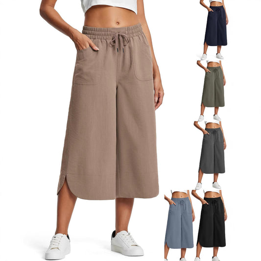 Summer Elastic Waist Solid Color Wide Leg Loose Casual Cropped Pants For Women - Sophinity