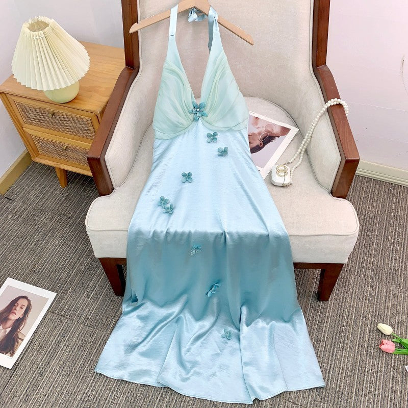 French Vacation Style Heavy Industry Halter Blue Flower Dress - Sophinity
