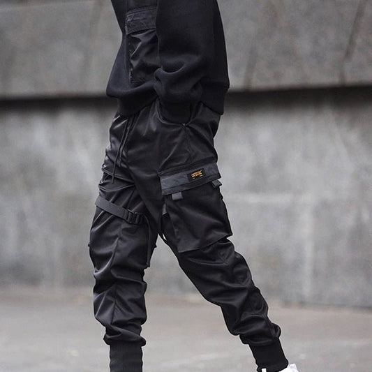 Hot Sale Men Black Hip Hop Cargo Pants Elastic Waist Jogger Trousers Sweatpants Pockets Full Length Casual Fashion - Sophinity