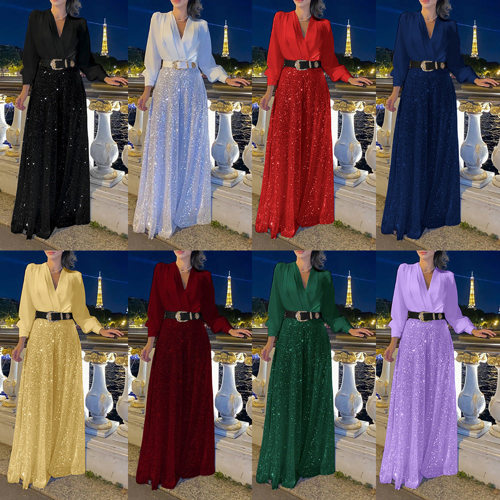 V-neck Elegant Waist Slimming Sequined Ladies - Sophinity