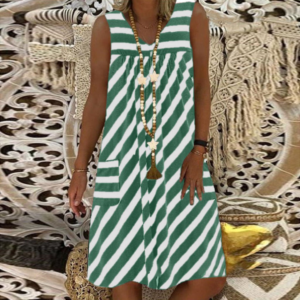 Women's Plus Size Pocket Summer Round Neck Sleeveless Striped Dress - Sophinity
