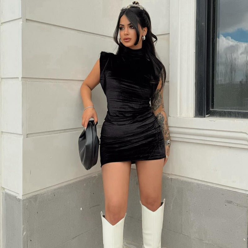 Suede Turtleneck Flounced Sleeve Slim - fit Sheath Dress Women - Sophinity