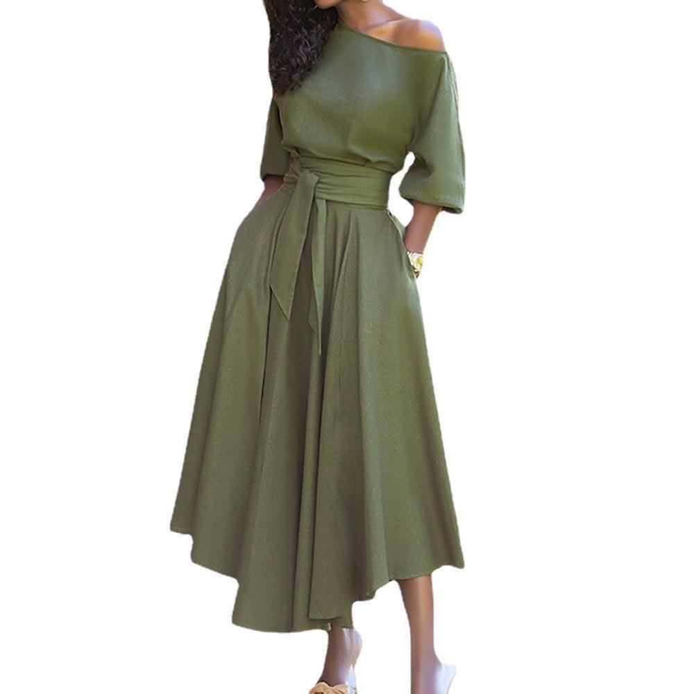 Women's Clothing Middle East Lace-up Waist-controlled Temperament Pure Color Dress
