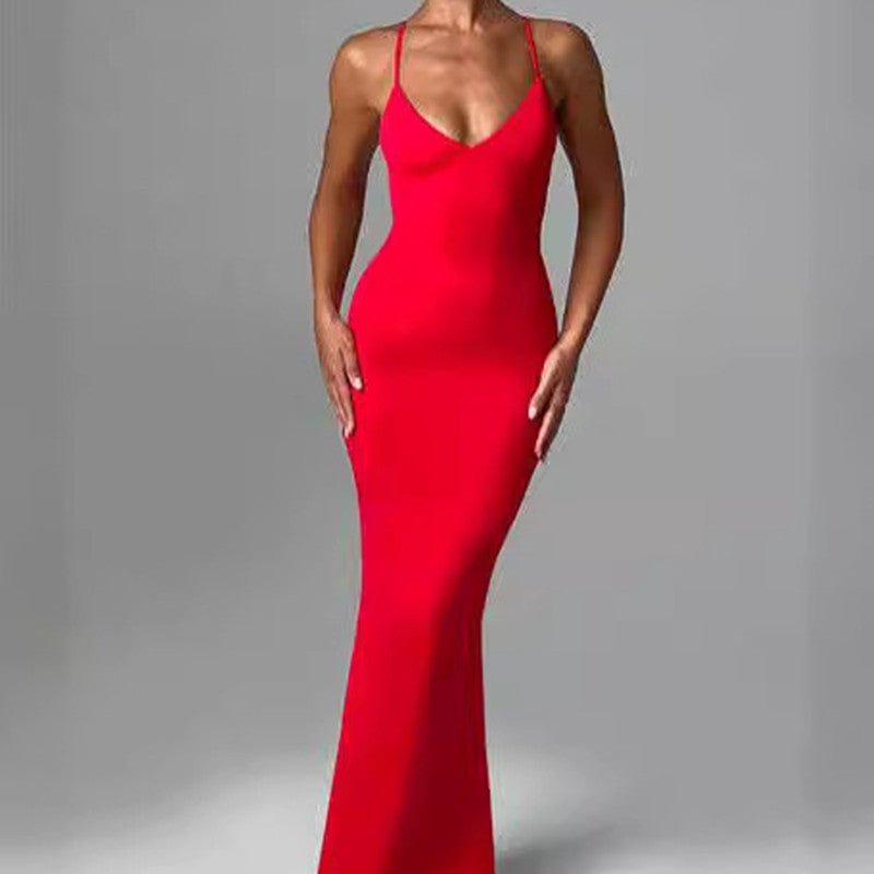 Women's Backless Cross Shoulder Strap Pleated Dress - Sophinity