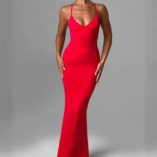 Women's Backless Cross Shoulder Strap Pleated Dress - Sophinity