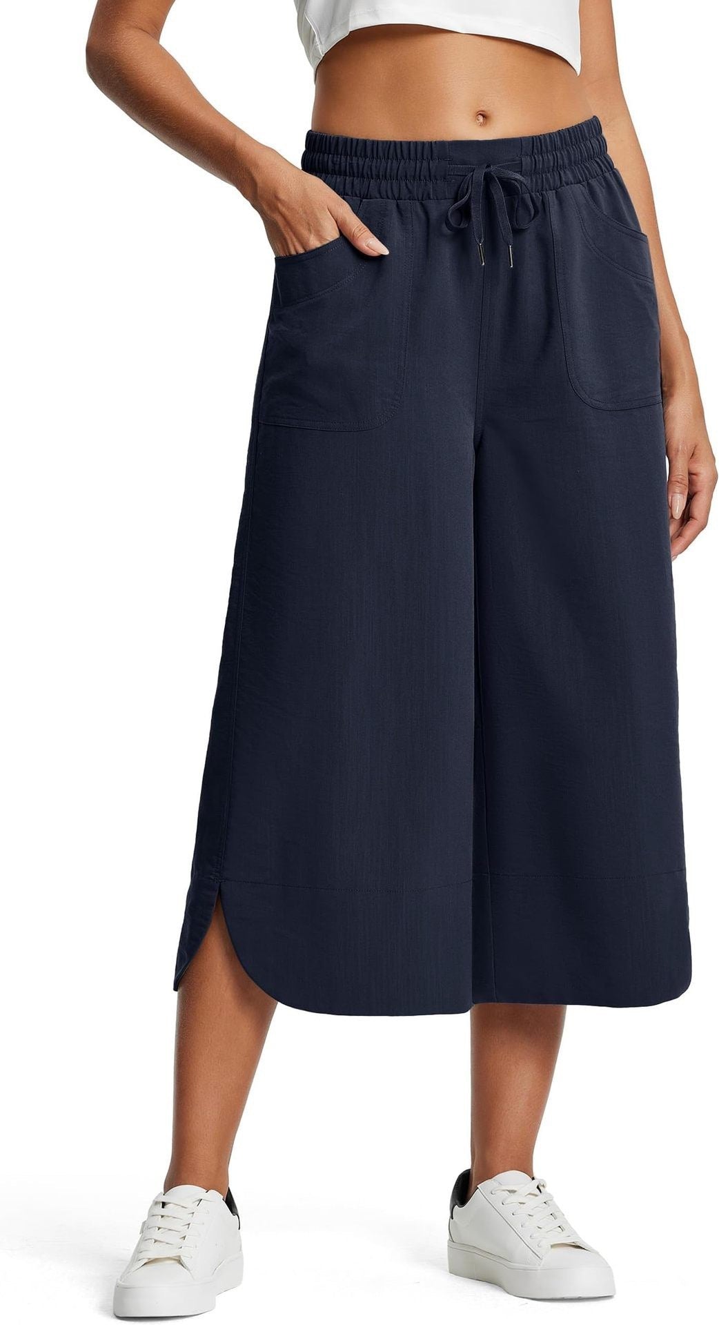 Summer Elastic Waist Solid Color Wide Leg Loose Casual Cropped Pants For Women - Sophinity