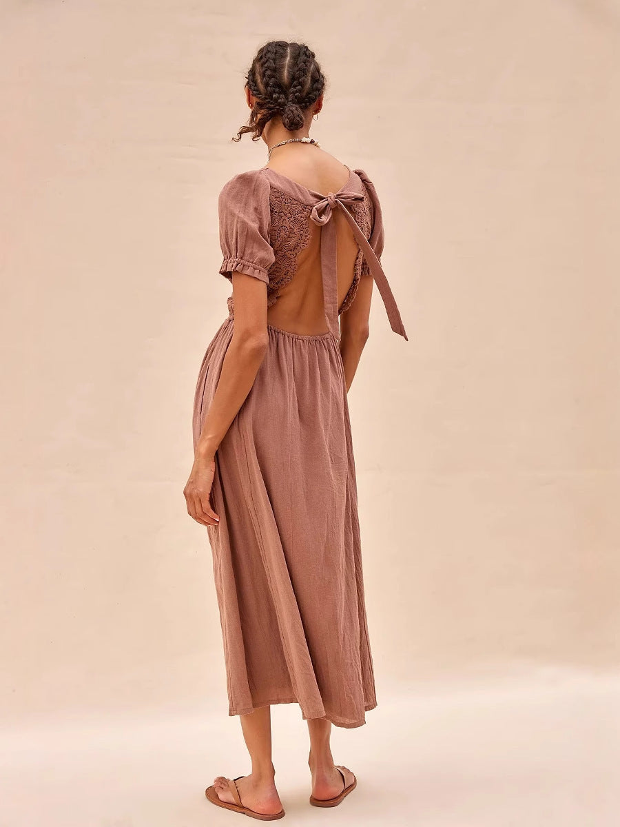 V-neck Lace Short Sleeved Pure Cotton Dress - Sophinity