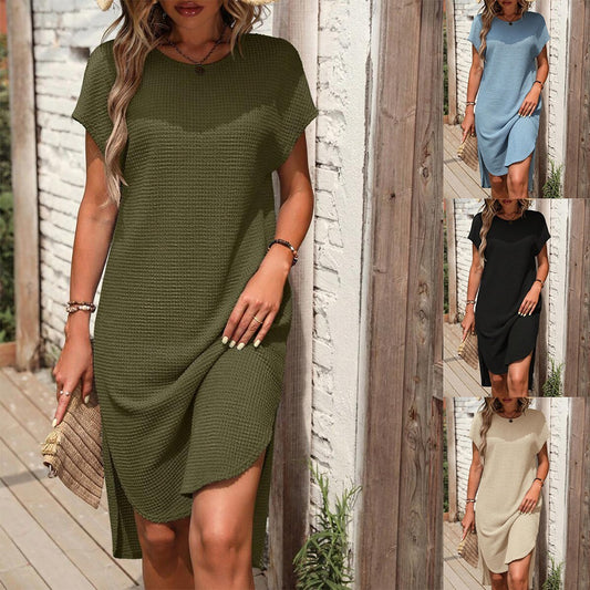 New Solid Color Casual Loose Waffle Dress Women - Sophinity