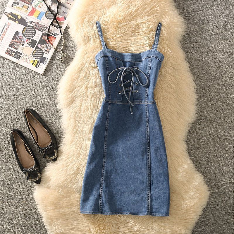 Summer Clothing Denim Braces Skirt Waist Trimming Lace Up Small Size Dress Suit