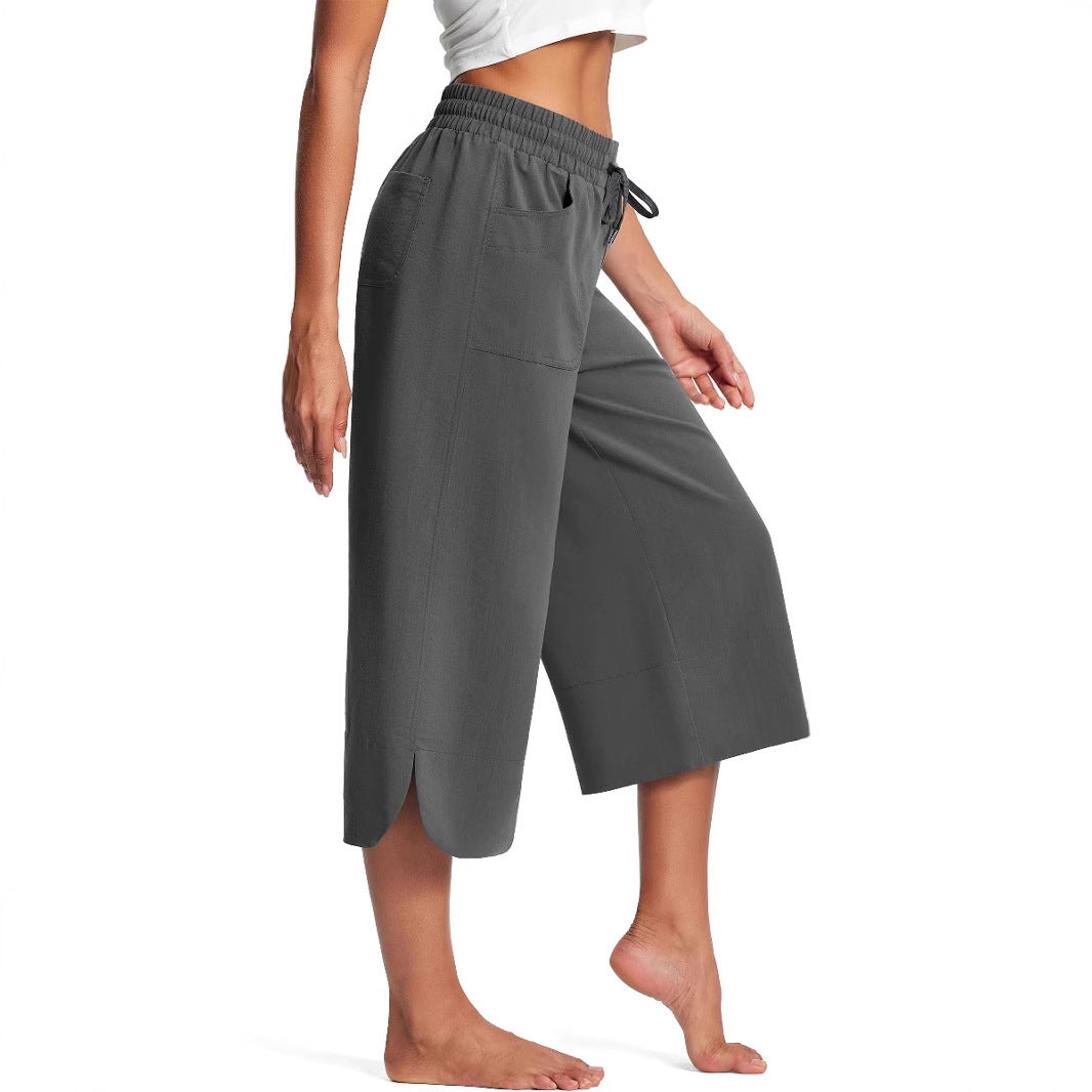 Summer Elastic Waist Solid Color Wide Leg Loose Casual Cropped Pants For Women - Sophinity