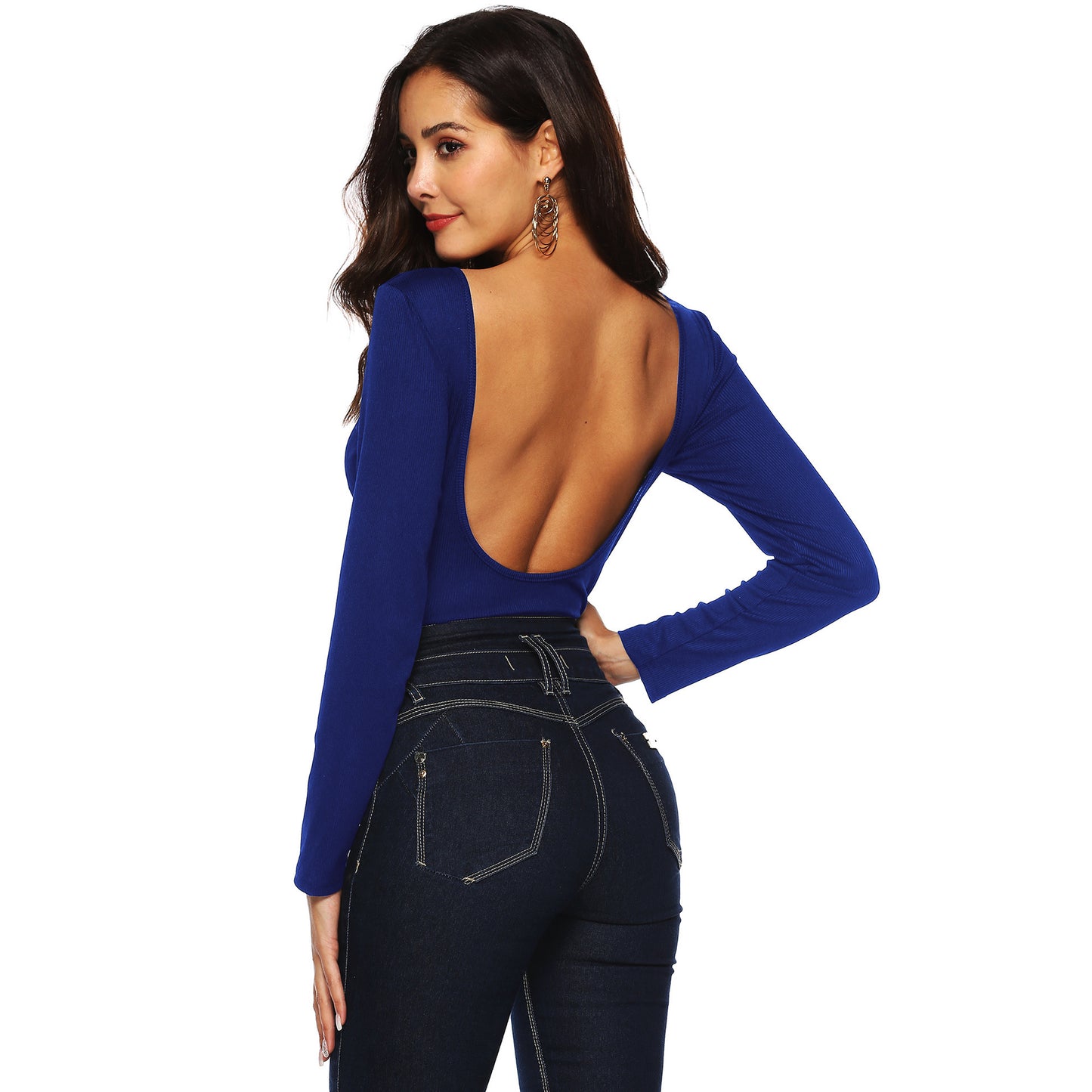 Women's Long - sleeved Deep U Backless Button Jumpsuit Bottoming Shirt - Sophinity