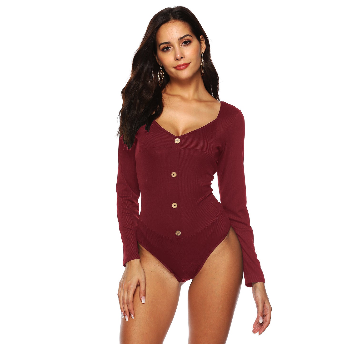 Women's Long - sleeved Deep U Backless Button Jumpsuit Bottoming Shirt - Sophinity