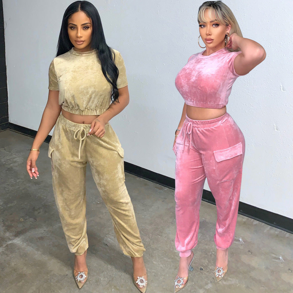 Gold velvet athleisure set displayed on two models showcasing stylish comfort for casual wear