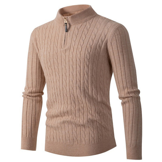 CJdroposhipping long sleeve cable knit pullover in beige with a zippered collar for stylish warmth