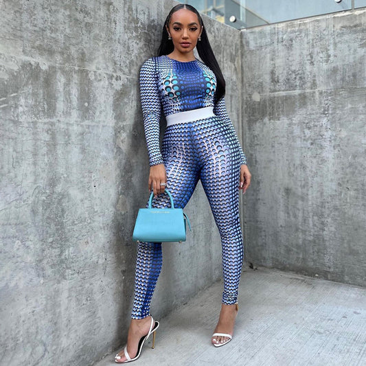 Fashionable printed two piece outfit with long sleeves and a vibrant blue color pattern