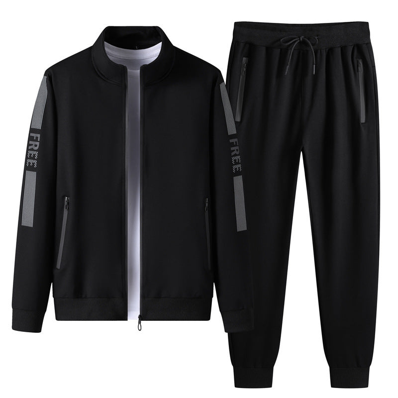 Black stand collar sports cardigan set with matching joggers for active lifestyles