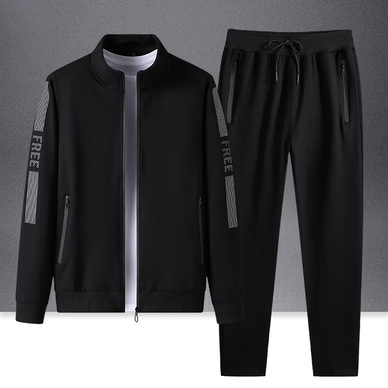Black stand collar sports cardigan set with zippered pockets and matching trousers for active wear