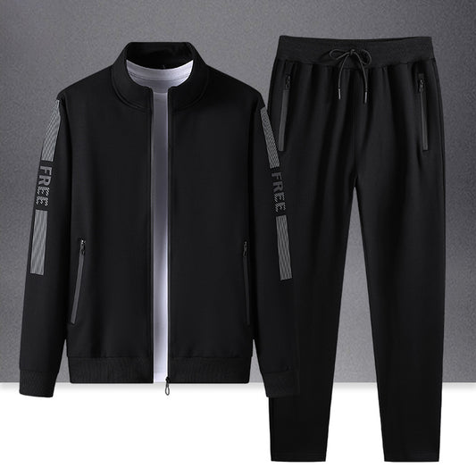 Black stand collar sports cardigan set with zippered pockets and matching trousers for active wear