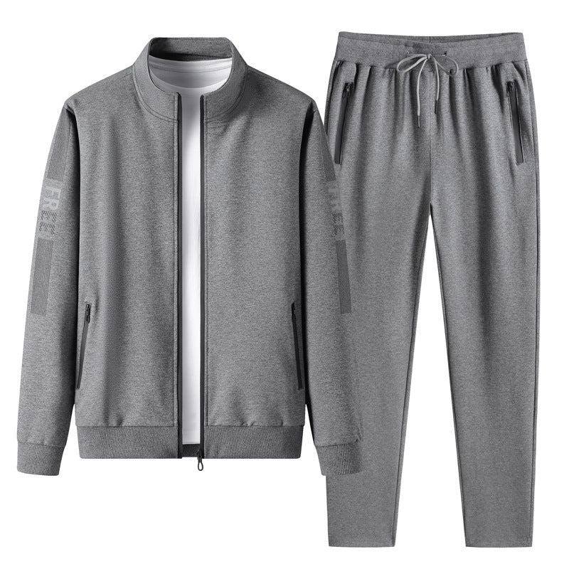 Stylish grey stand collar sports cardigan with matching jogger pants for active wear
