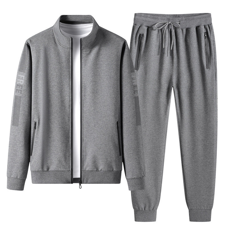 Gray stand collar sports cardigan with matching jogger pants for a stylish athletic look
