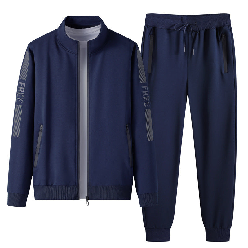 Navy stand collar sports cardigan set with matching jogger pants for comfortable athletic wear