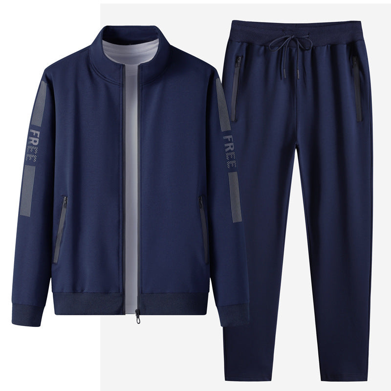 Navy stand collar sports cardigan with matching pants, perfect for active wear and outdoor activities