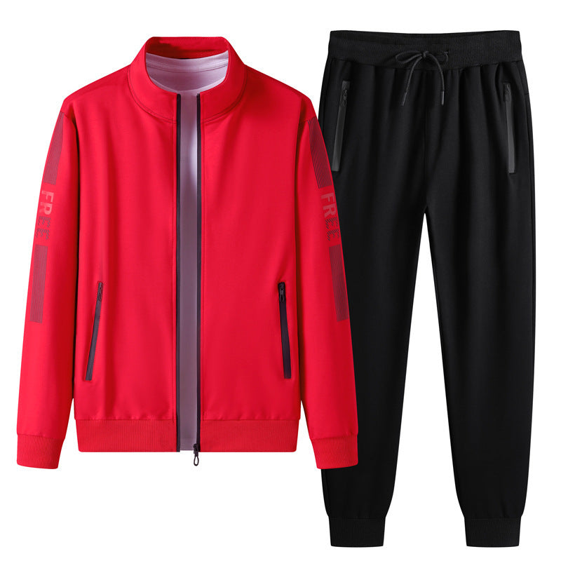 Red stand collar sports cardigan with zip pockets paired with black jogger pants