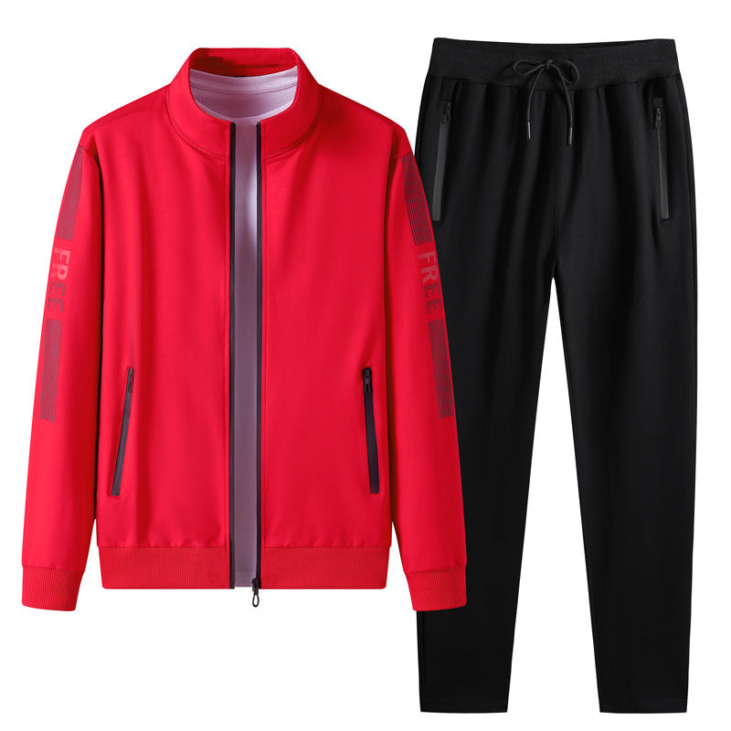 Red stand collar sports cardigan with zippered pockets and matching black pants for activewear enthusiasts