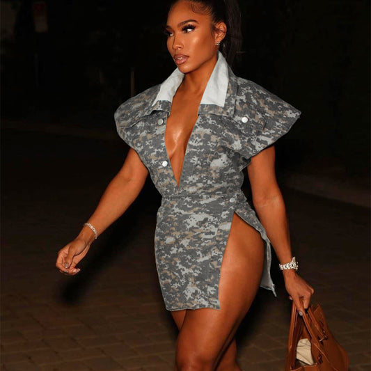Stylish woman in a gray camo dress showcasing a street style denim outfit with a deep neckline