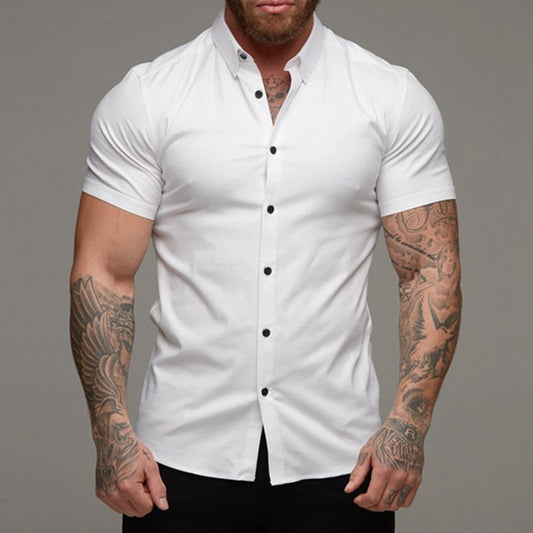 Stylish white lapel shirt for men with short sleeves and button-up front