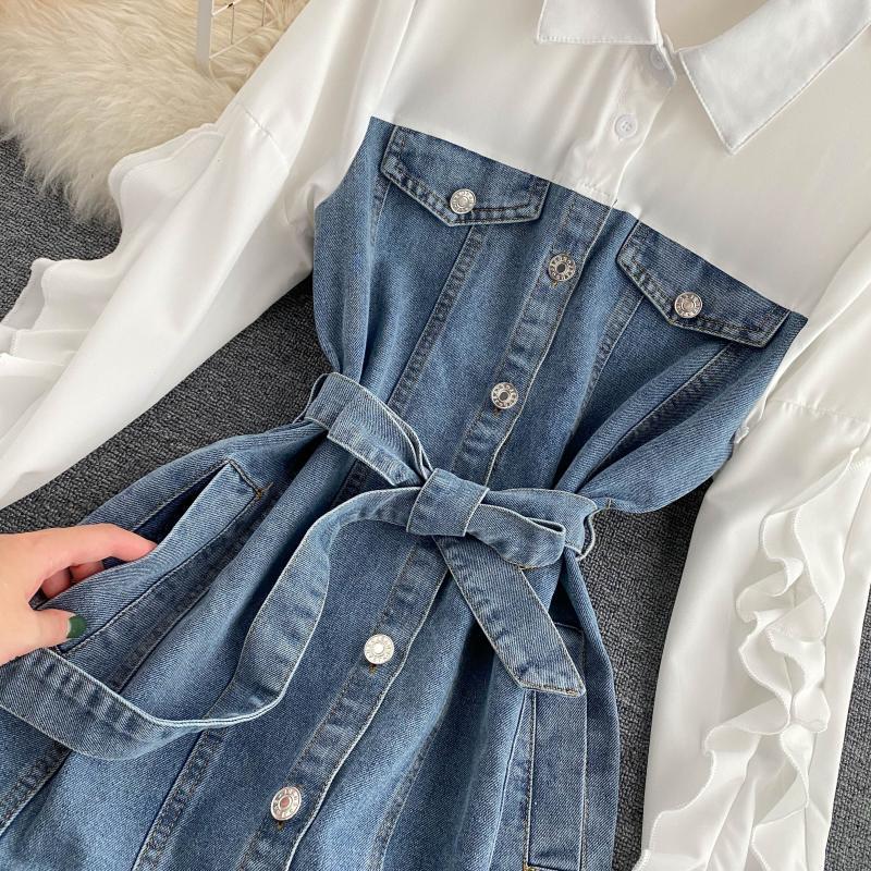 Vintage Style Denim Dress with Belt - Sophinity