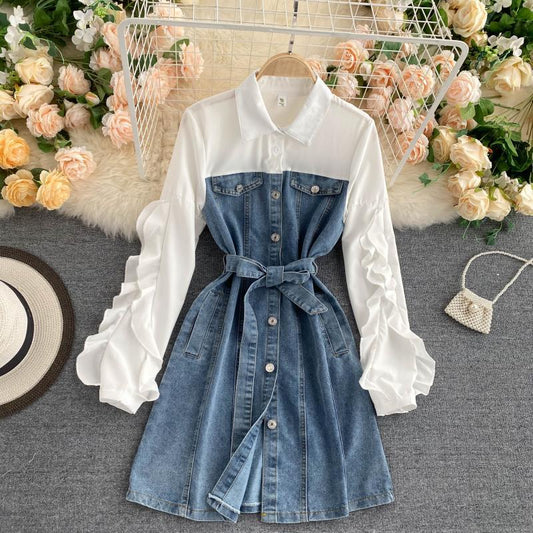 Vintage Style Denim Dress with Belt - Sophinity