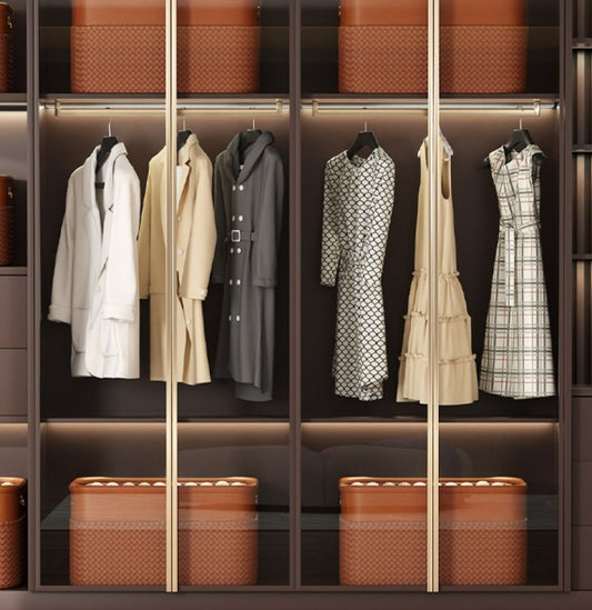 Stylish wardrobe storage box displayed in a sleek closet with hanging clothes and organized shelves